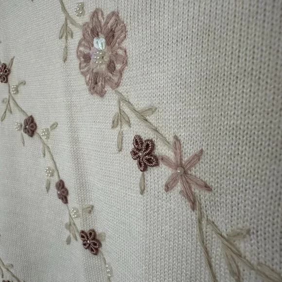 NWT Floral Embroidered Beaded Sweater Women XL Cottagecore Alfred Dunner Ivory - Picture 3 of 8
